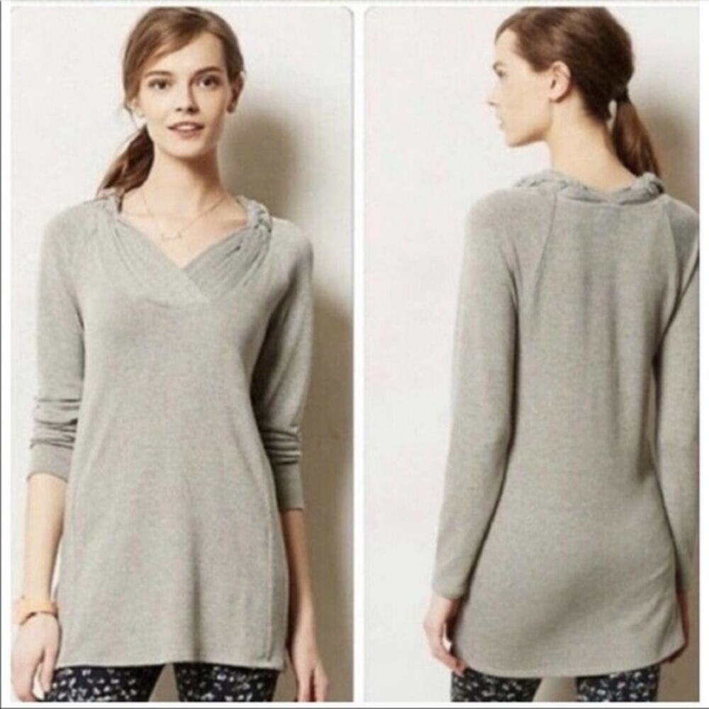 Anthropologie One September Brynn Sweater Braided Pleated Knit Boho Gray Size XS